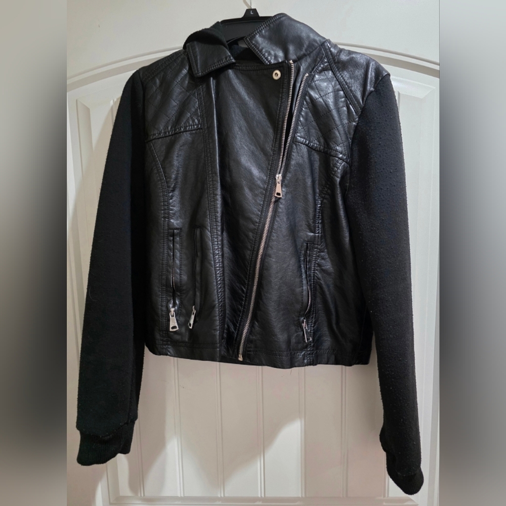 Rue 21 Faux Leather Moto Jacket with Knit Hood & Sleeves | Black Women's XL